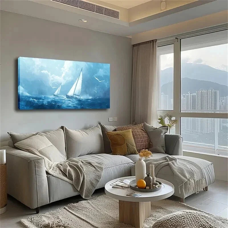 Sailboat Ocean Scene Blue Wall Art Canvas Office Home Room Framed 120x60cm