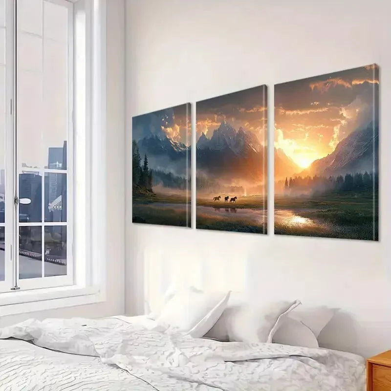 3pcs Aesthetic Running Horses and Sunset Wall Art Set Canvas Framed 40x60cm - High Quality Print 100% Australian Made Wall Canvas Ready to Hang