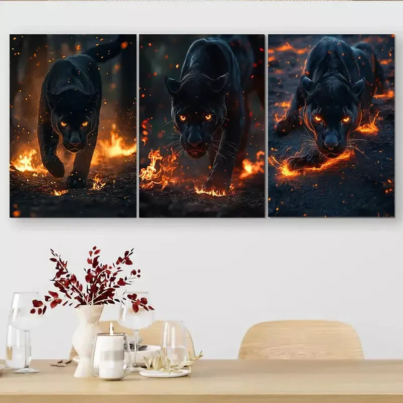 3pcs Flame surrounded Black Panther Triptych Wall Art Set Canvas Framed 40x60cm - High Quality Print 100% Australian Made Wall Canvas Ready to Hang
