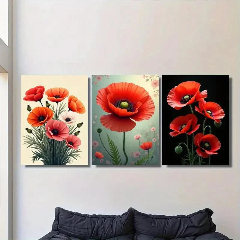 3pcs Vibrant Red Poppy Flower Metal Print Ready to Hang Art