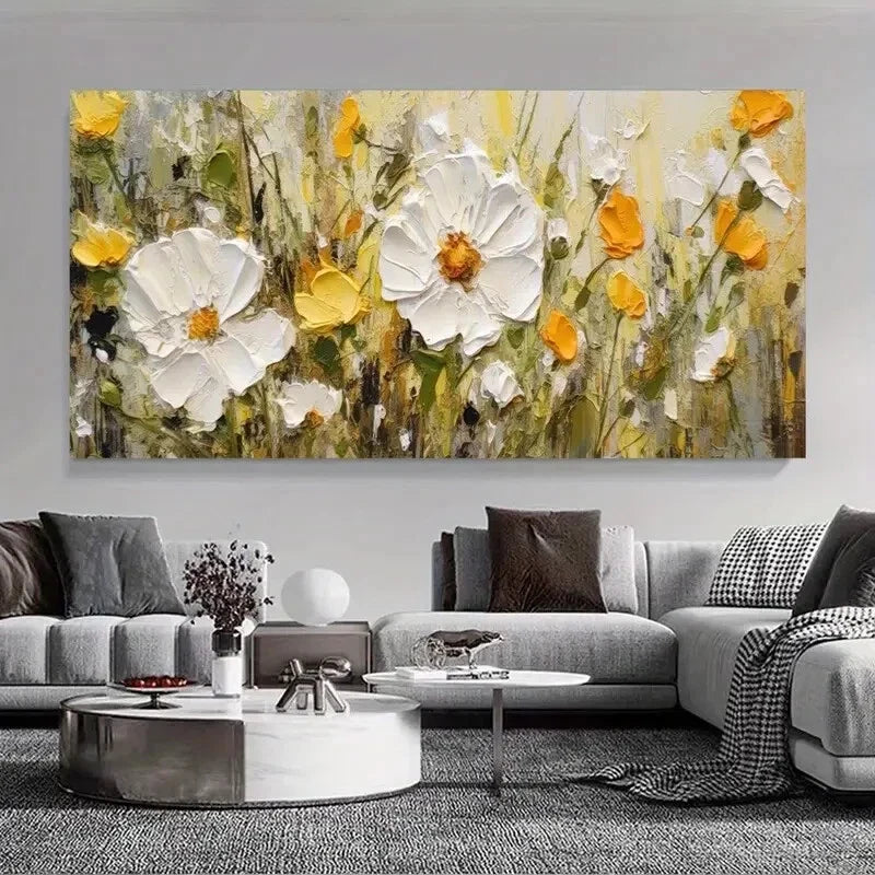 White and Yellow Flowers wall canvas office home room framed 120x60cm