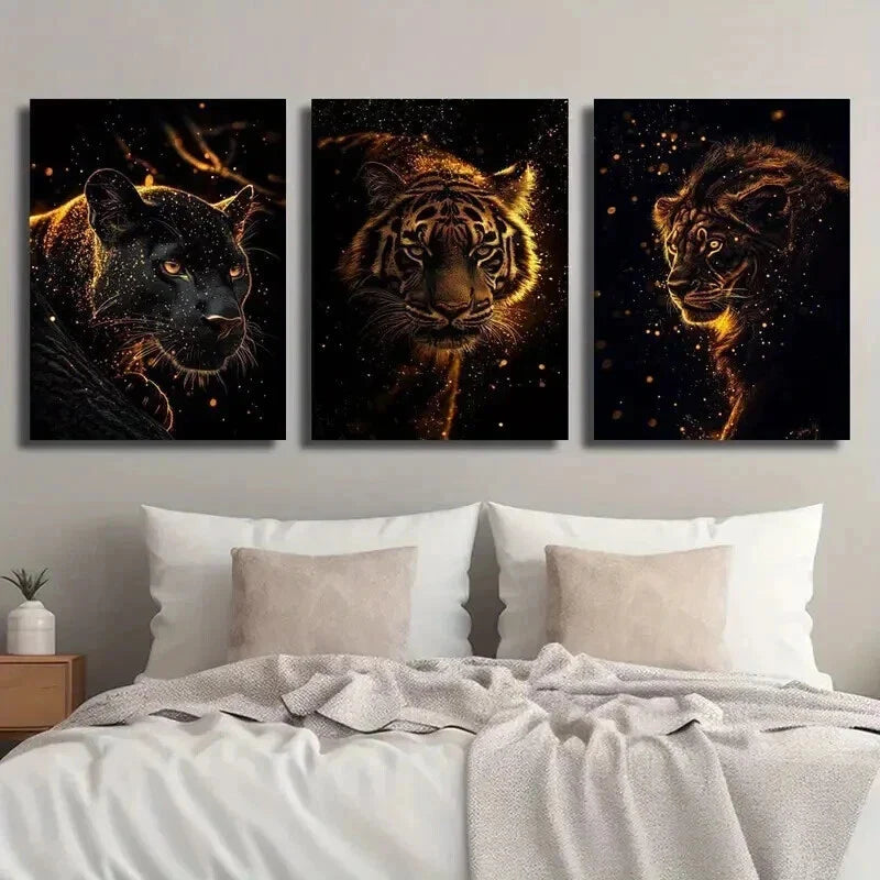 3pcs Golden Flare Lion Tiger & Panther Wall Art Set Canvas Framed 40x60cm - High Quality Print 100% Australian Made Wall Canvas Ready to Hang