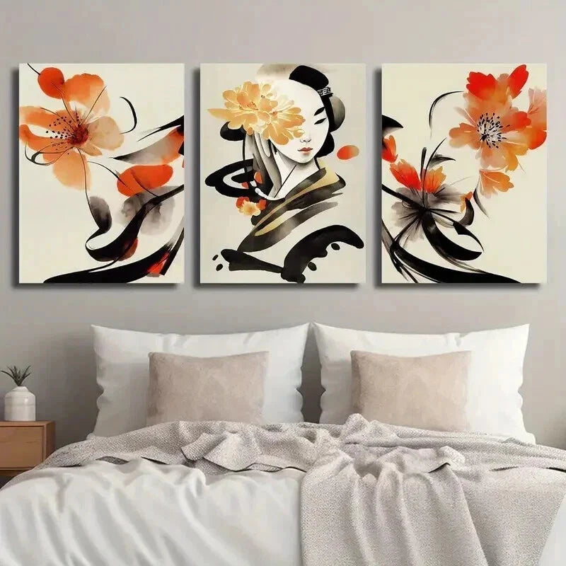 3pcs Ancient Style Woman and Flowers Wall Art Set Canvas Framed 40x60cm - High Quality Print 100% Australian Made Wall Canvas Ready to Hang