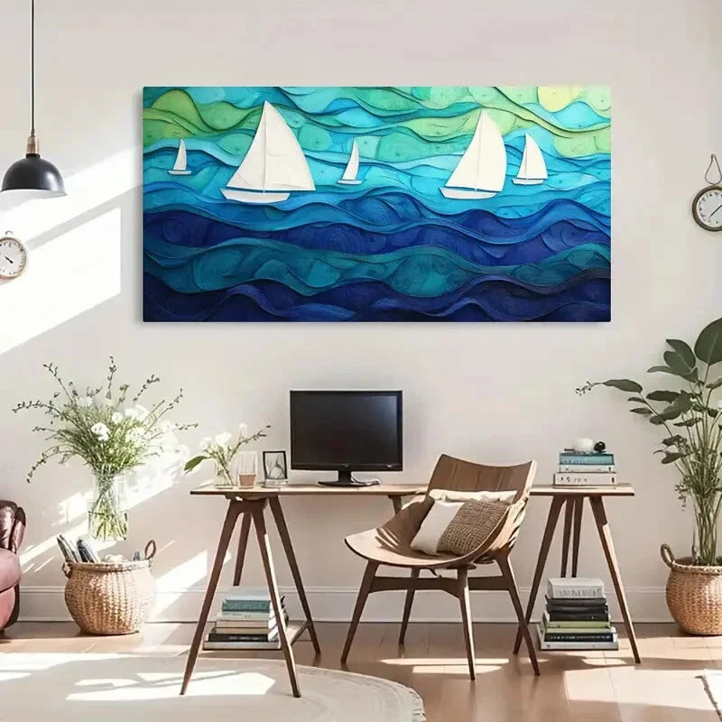 Sea Waves Vibrant Blue Décor Wall Art Canvas Office Home Room Framed 120x60cm