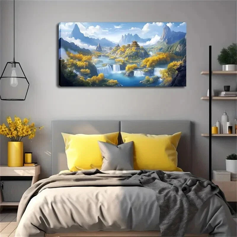 Misty Mountain Waterfalls Lands Wall Art Canvas Office Home Room Framed 120x60cm