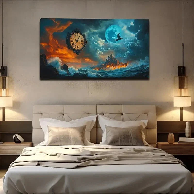 A Dragon And Classical Clock Wall Art Canvas Office Home Room Framed 120x60cm
