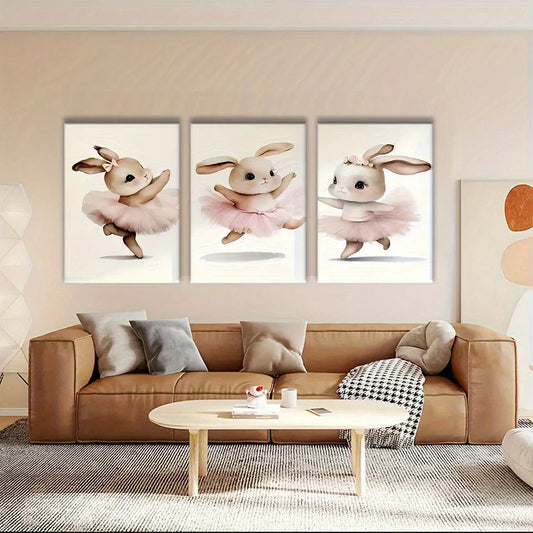 3pcs Whimsical Ballerina Bunny Metal Print Ready to Hang Art