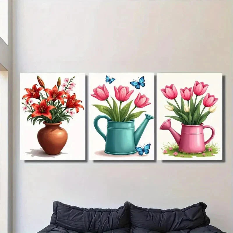 3pcs Red Lilies, Pink Tulips Blue Butterflies Metal Print Ready to Hang Art