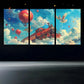 3pcs Small Train Air Balloon Blue Sky Metal Print Ready to Hang Art