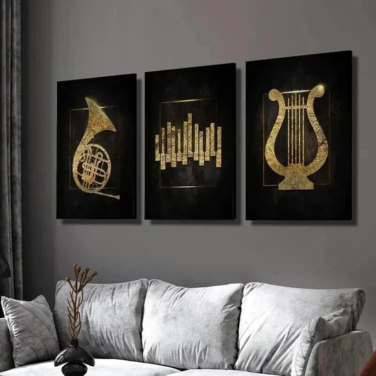3pcs Golden Music Logos on Black Background Wall Art Set Canvas Framed 40x60cm - High Quality Print 100% Australian Made Wall Canvas Ready to Hang