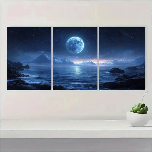 3pcs Black Serene Moonlit Night Metal Print Ready to Hang Art