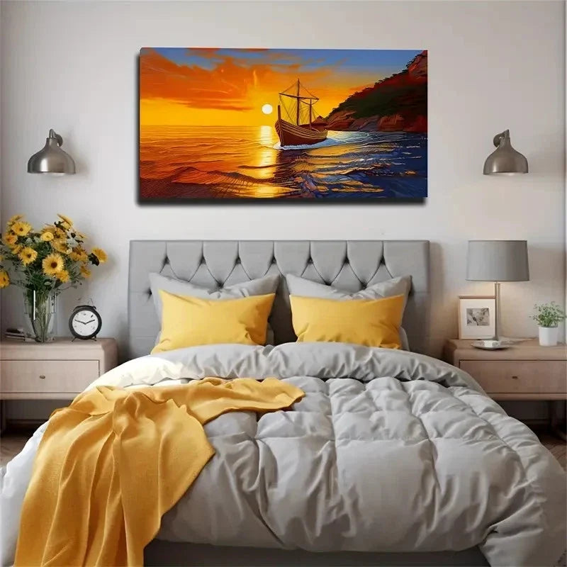 Vibrant Sunset Seascape Rustic Wall Art Canvas Office Home Room Framed 120x60cm