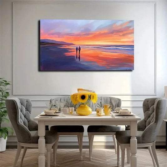 Sunset Beach Walk Figures Wall Art Canvas Office Home Room Framed 120x60cm