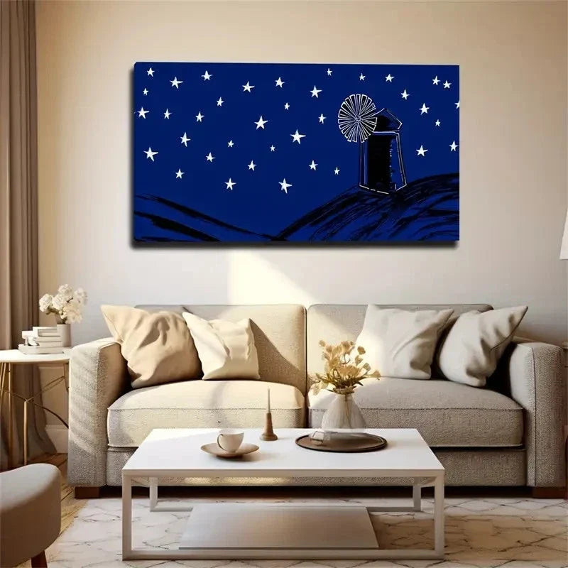 Starry Night With Windmill Wall Art Canvas Office Home Room Framed 80x45cm