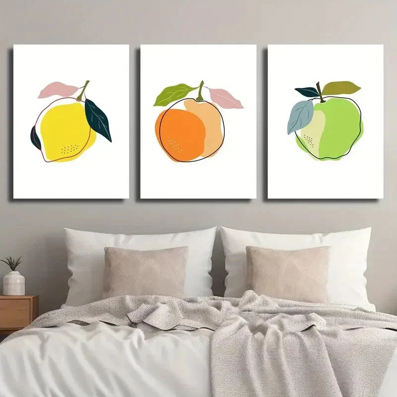 3pcs Colorful Lemon Orange and Apple Metal Print Ready to Hang Art