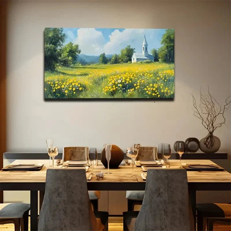 Yellow Flower Front Of Church Wall Art Canvas Office Home Room Framed 120x60cm
