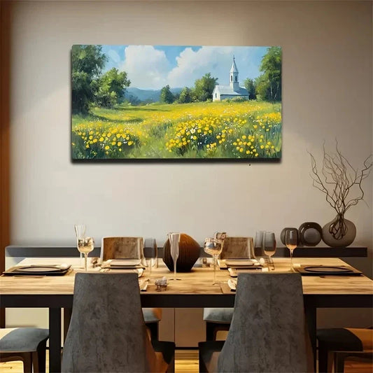 Yellow Flower Front Of Church Wall Art Canvas Office Home Room Framed 120x60cm