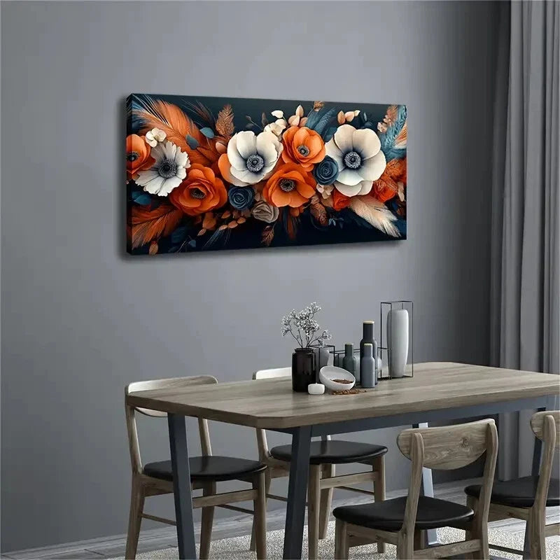 Orange & White Floral on Black Wall Art Canvas Office Home Room Framed 80x45cm