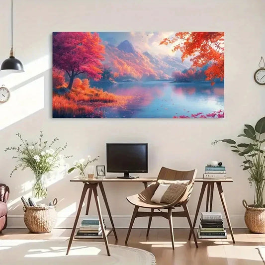 Autumn Lake Reflection Red Wall Art Canvas Office Home Room Framed 120x60cm