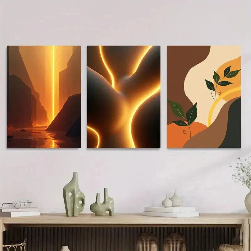 3pcs Vibrant Wall Art Triptych with Fiery Orange Metal Print Ready to Hang Art