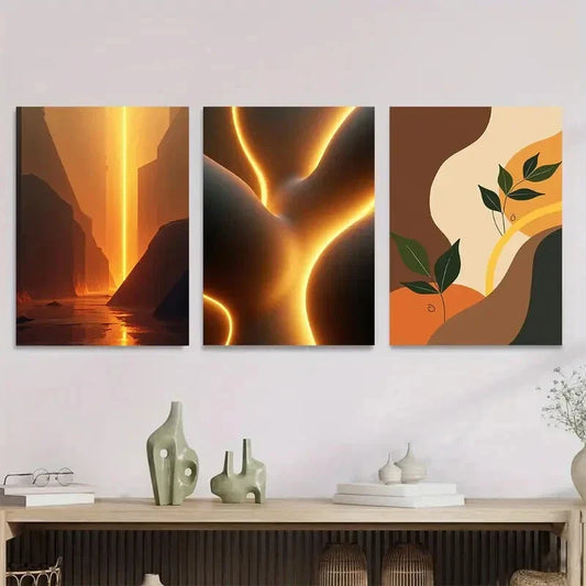 3pcs Vibrant Wall Art Triptych with Fiery Orange Metal Print Ready to Hang Art