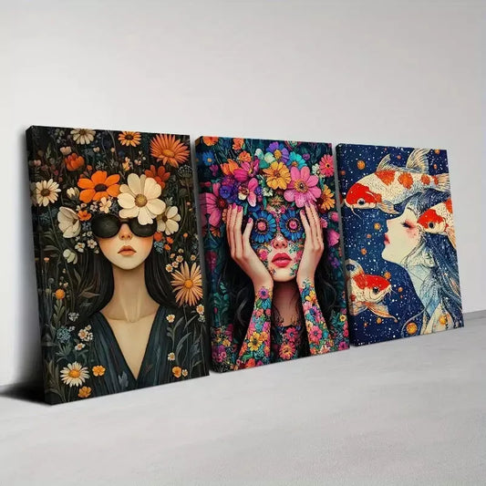 3pcs Bright Colorful Abstract Woman Florals Wall Art Set Canvas Framed 40x60cm - High Quality Print 100% Australian Made Wall Canvas Ready to Hang