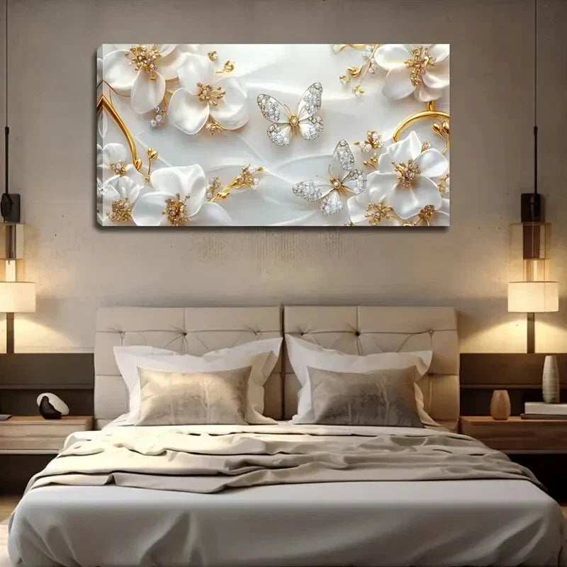Golden Butterfly & White Flower Wall Art Canvas Office Home Room Framed 120x60cm