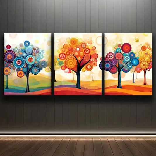 3pcs Colorful Trees with Circles Forest Decor Wall Art Set Canvas Framed 40x60cm - High Quality Print 100% Australian Made Wall Canvas Ready to Hang