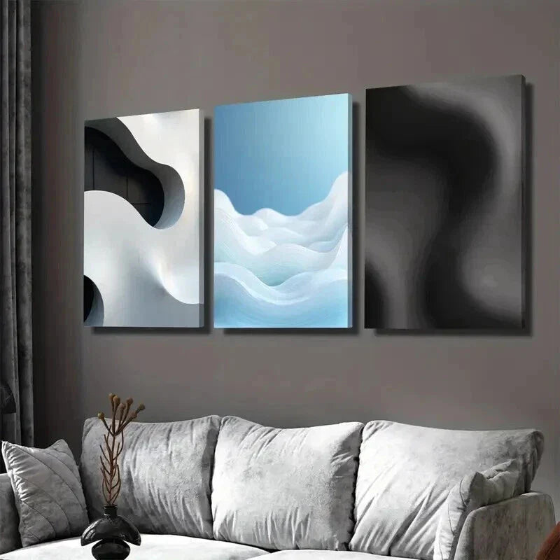 3pcs Modern Abstract Wave Patterns in Black Wall Art Set Canvas Framed 40x60cm - High Quality Print 100% Australian Made Wall Canvas Ready to Hang