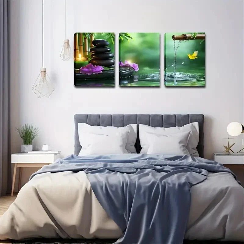 3pcs  purple Flowers & Serene Waters Wall Art Set Canvas Framed 40x60cm - High Quality Print 100% Australian Made Wall Canvas Ready to Hang