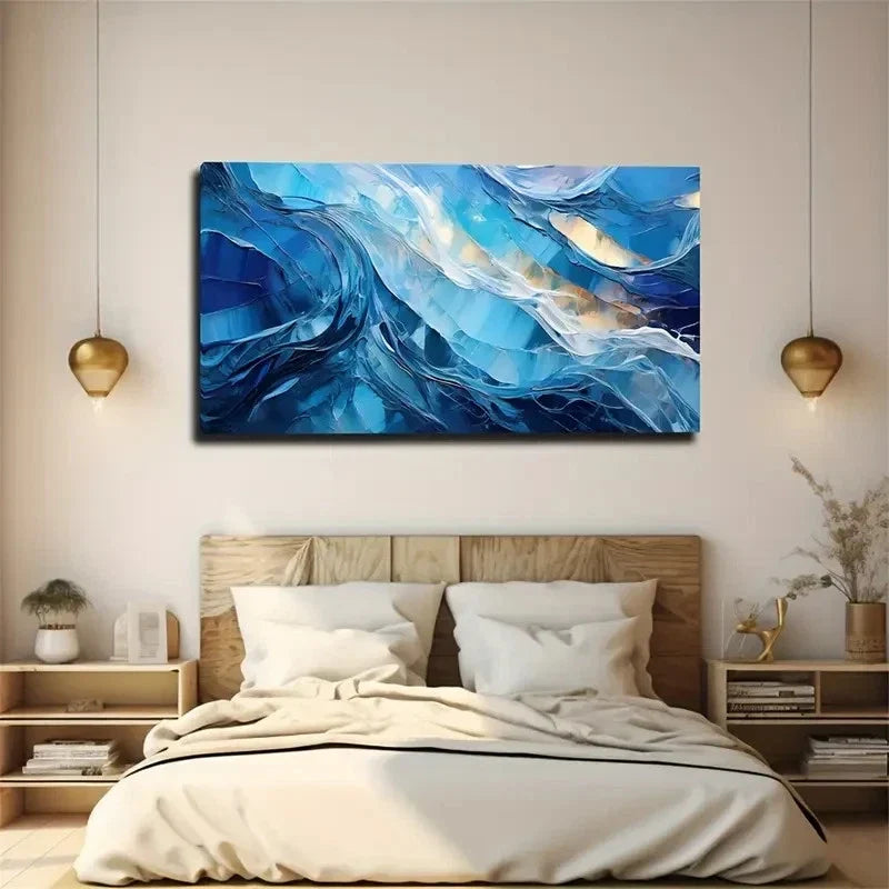 Blue Turquoise & Golden Wall Art Canvas Office Home Room Framed 80x45cm