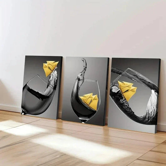 3pcs Abstract Black & Yellow Accents Wine Glass Wall Art Set Canvas Framed 40x60cm - High Quality Print 100% Australian Made Wall Canvas Ready to Hang