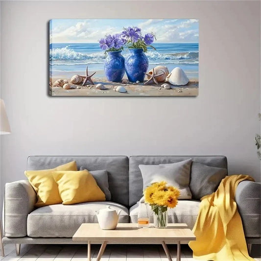 Beach Scene with Blue Vases Wall Art canvas office home room framed 80x45cm