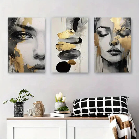 3pcs Elegant Black & Golden Woman Portraits Metal Print Ready to Hang Art