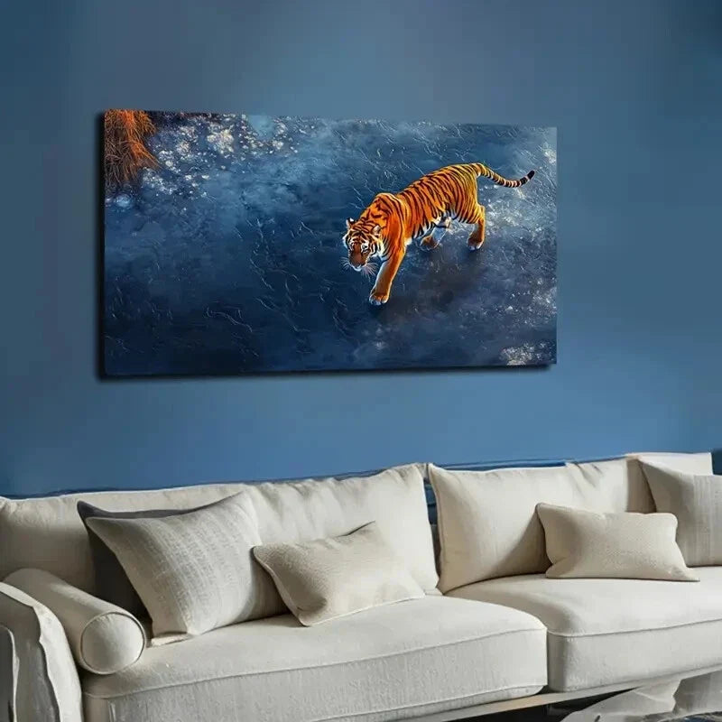 Majestic Tiger Walking On Ice Wall Art Canvas Office Home Room Framed 120x60cm