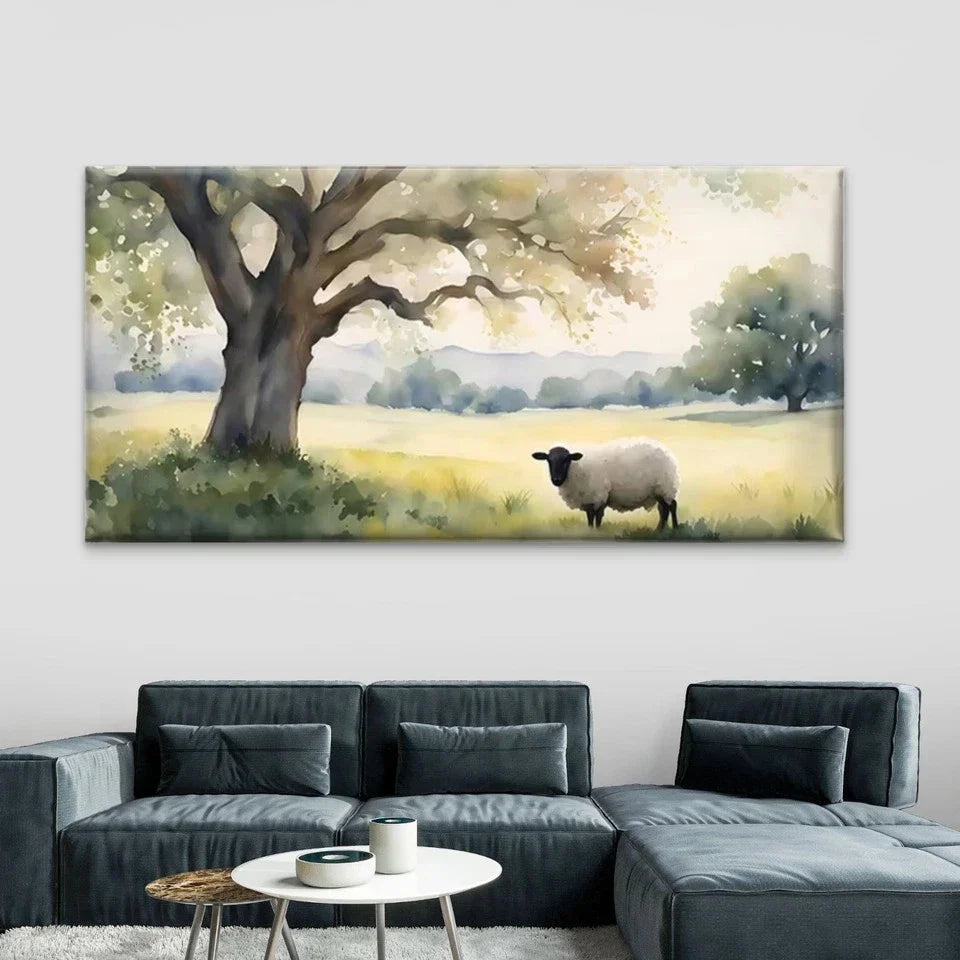 Sheep Under Tree Meadow Wall Art Canvas Office Home Room Framed 80x45cm