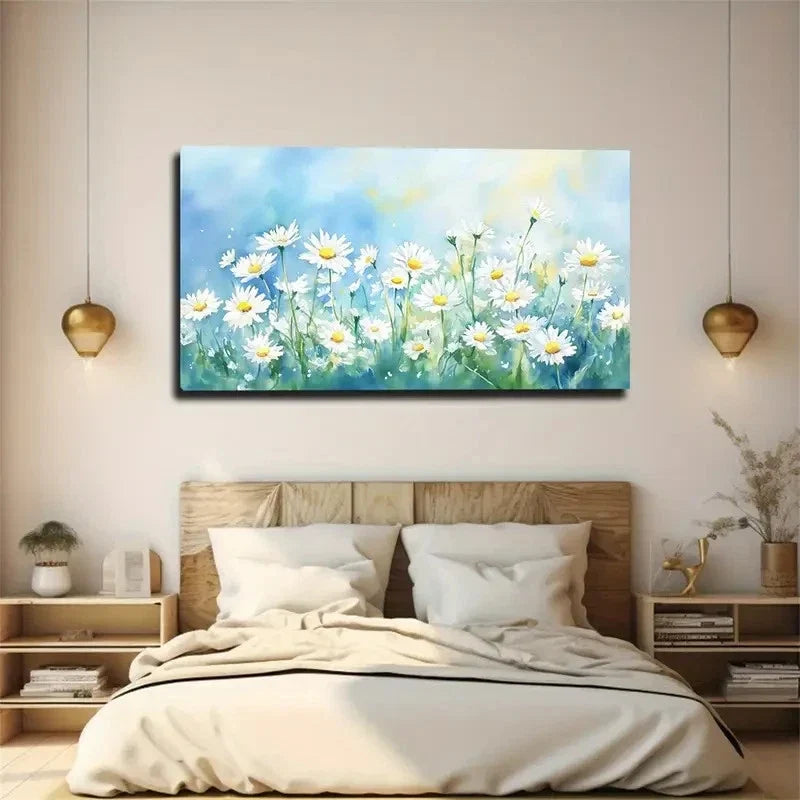 White Daisies In Pastel Blue & Wall Art Canvas Office Home Room Framed 120x60cm