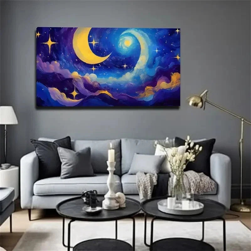 Blue Night Sky Moon & Stars Wall Art Canvas Office Home Room Framed 80x45cm