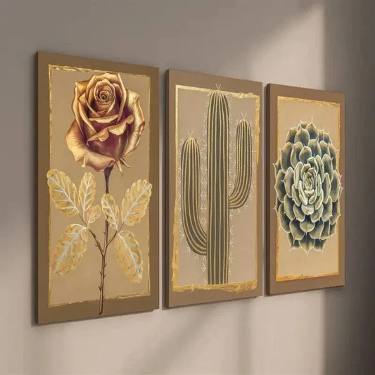3pcs Golden Roses Cactus And Succulents Wall Art Set Canvas Framed 40x60cm - High Quality Print 100% Australian Made Wall Canvas Ready to Hang