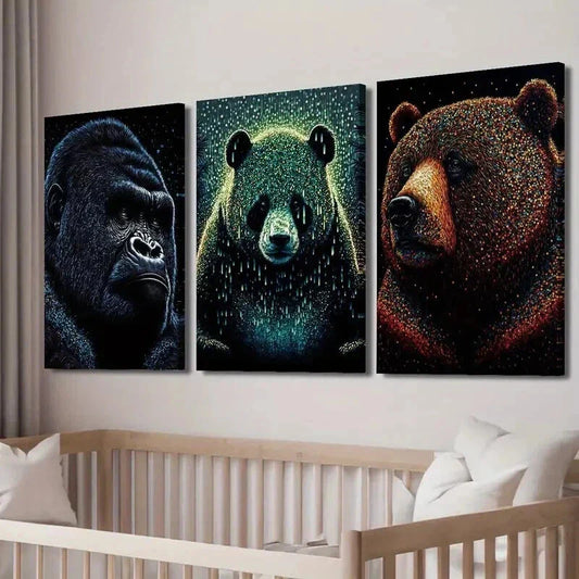 3pcs Wildlife Gorilla Panda & Grizzly Bear Wall Art Set Canvas Framed 40x60cm - High Quality Print 100% Australian Made Wall Canvas Ready to Hang