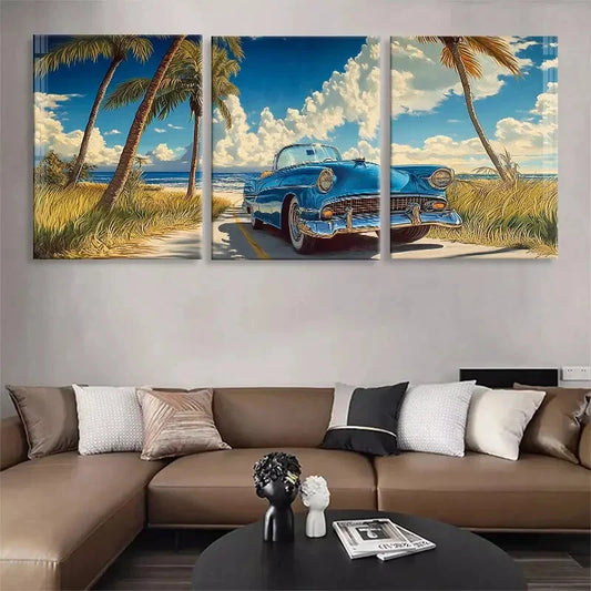 3pcs Retro Convertible Car Scenic Beach Perfect Wall Art Set Canvas Framed 40x60cm - High Quality Print 100% Australian Made Wall Canvas Ready to Hang