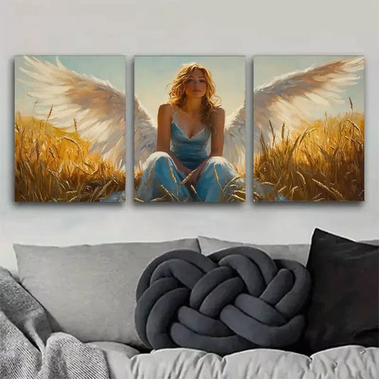 3pcs Graceful Angel in Wheat Field Triptych  Wall Art Set Canvas Framed 40x60cm - High Quality Print 100% Australian Made Wall Canvas Ready to Hang