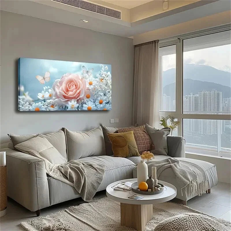 Featuring a Soft Pink Rose Wall Art Canvas Office Home Room Framed 120x60cm