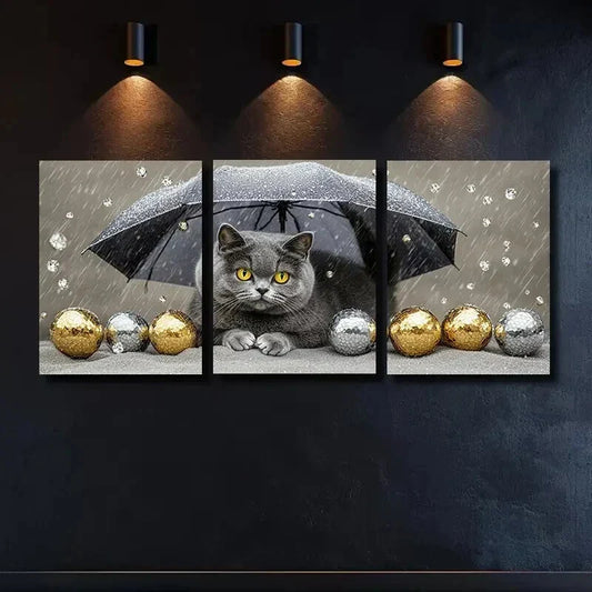 3pcs Charming Grey Cat Under Rain Wall Art Set Canvas Framed 40x60cm - High Quality Print 100% Australian Made Wall Canvas Ready to Hang