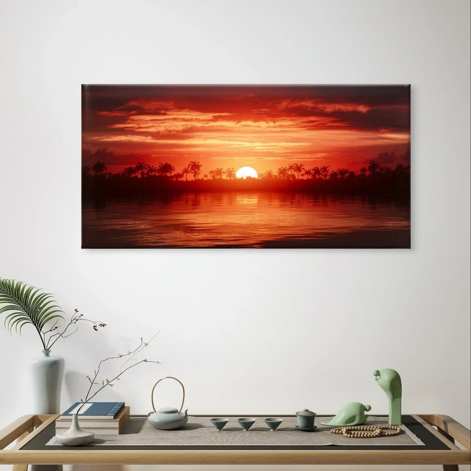 Fiery Tropical Sunset and Palm Tree Wall Art Canvas Office Home Framed 120x60cm