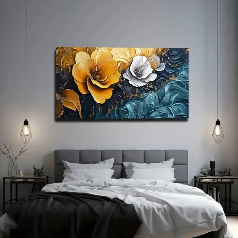 Flowers Dark Blue Background Wall Art Canvas Office Home Room Framed 120x60cm