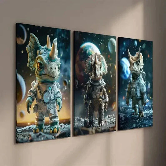 3pcs Allosaurus Dinosaur in Space Wall Art Set Canvas Framed 40x60cm - High Quality Print 100% Australian Made Wall Canvas Ready to Hang