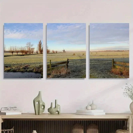 3pcs Tranquil Rural Field with Windmill, Nature Metal Print Ready to Hang Art