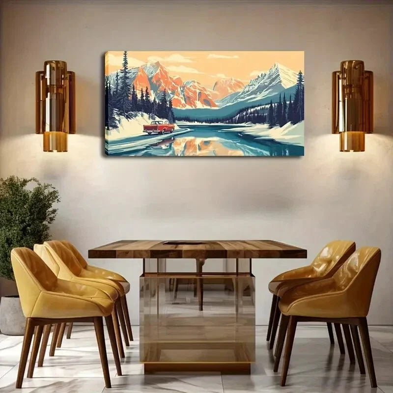 Rustic Snow-Covered Forest Red Truck Art Canvas Office Home Room Framed 80x45cm