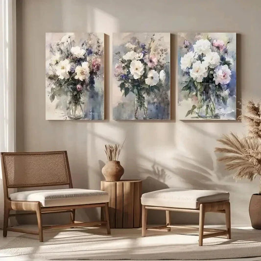 3pcs Watercolor Rose & Wildflower White Blue Metal Print Ready to Hang Art